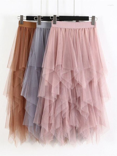 Faldas de verano de tul para mujer, falda de malla de cintura alta, dobladillo asimétrico plisado, Midi femenino, negro, rosa, media pantorrilla
