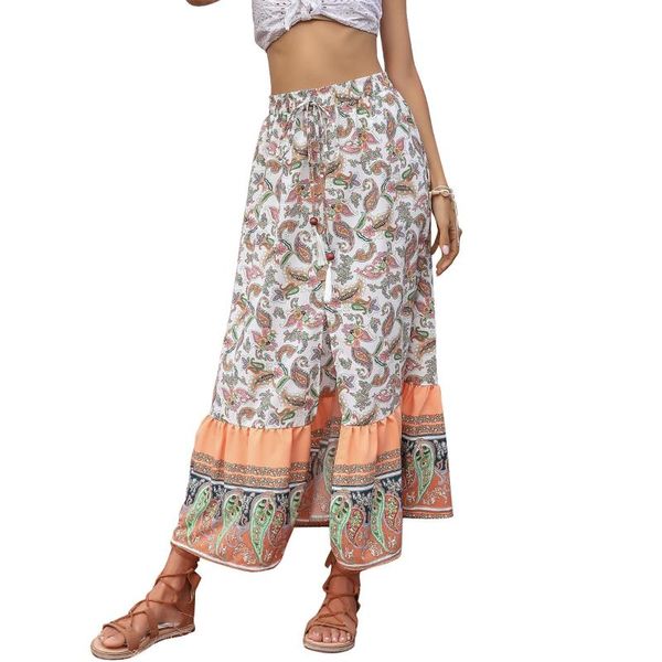 Jupes été Vintage Chic mode femmes Hippie plage bohème imprimé fleuri jupe haute taille élastique Maxi a-ligne Boho Femme