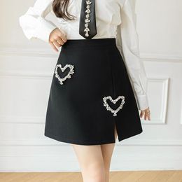 Faldas de verano para mujer, falda Sexy negra con decoración de diamantes, cintura alta, línea A, estilo universitario femenino, dulce chica corta, Jupe P422