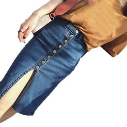 Röcke Sommer Frauen Denim Rock Mode einreiher Hohe Taille Stretch Jeans Frau Sexy Split Knielangen