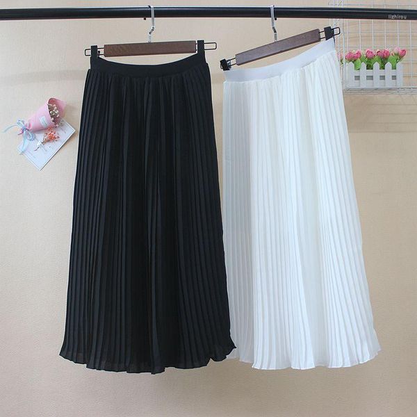 Faldas de verano para mujer, falda larga plisada elástica, Vintage coreana, elegante, Sexy, de cintura alta, de gasa, acampanada, en negro y blanco, Midi