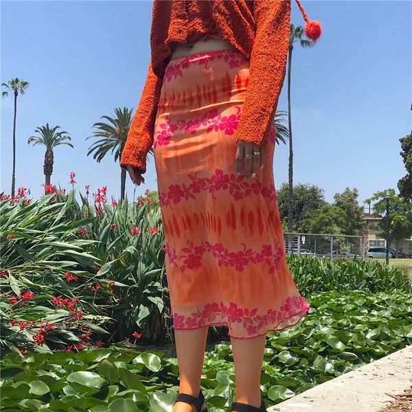 Faldas de verano para mujer, moda Bohemia para playa, falda Floral, estilo informal para mujer, naranja, fiesta, ropa de calle, Midi de cintura alta