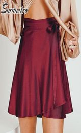 Jupes Surmiitro 2021 Satin d'été mini jupe enveloppante Femmes coréen Style rouge rose noir lacet en hauteur haute taille 7481051