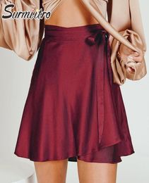 Jupes SURMIITRO 2021 Satin été Mini jupe portefeuille femmes Style coréen rouge rose noir à lacets taille haute Female8797877