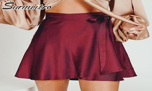 Jupes SURMIITRO 2021 Satin été Mini jupe portefeuille femmes Style coréen rouge rose noir à lacets taille haute Female8343140