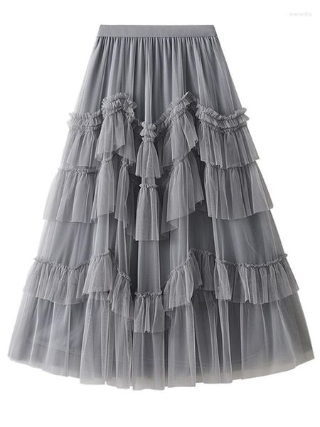 Jupes SURMIITRO Mode Tiered Tulle Maxi Jupe Femmes 2023 Coréen Casual Solide Tout-match Une Ligne Taille Haute Plissée Longue Femme