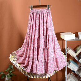Surmiitro Long Midi geplooide rok Vrouwen Zomer Koreaanse mode Roze bloemenprint Elegante esthetische hoge taille rok Vrouw 230506