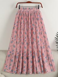 Röcke SURMIITRO Midi Langer Faltenrock Frauen Sommer Koreanische Mode Rosa Chiifon Blumendruck Eine Linie Hohe Taille Rock Weiblich 230414