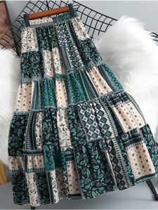 Surmiitro Midi Long Pleated Women 2023 Spring Summer Green Khaki Bohemian Print Elegant A Line High Taille Female 230302