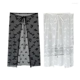 Jupes sweet bowknot motif transparent en maille à moitié jupe scure de hanche les femmes attachent l'esthétique voir à travers le tablier couvrant la surexkirt