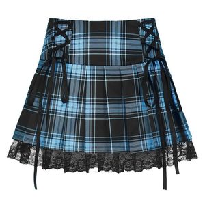 Rokken zoete meisje sexy lace up goth vrouw roze streep plaid trim geplooide rok punk donkere academia esthetische kleding