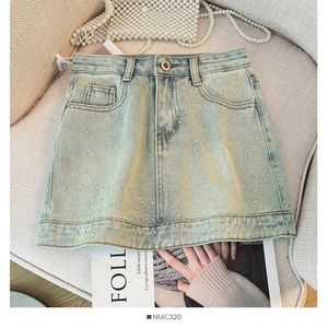 Skirts Jeans Sweet Mini Skirt Zipper Winist High Wist A Line Short Denim Sequins Maxi Tamaño Bling Vintage con bolsillo Drop
