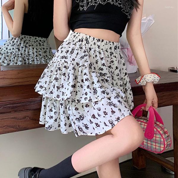 Faldas Sweet Lady Empire Ruffles Midi Mujer Negro Blanco Floral Mini falda con forro 2023 Verano A-line Vintage Cintura elástica