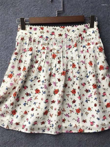 Faldas Mini falda con estampado floral de seda dulce para mujer Primavera Verano Cintura alta Damas Una línea Plisado corto Jupes