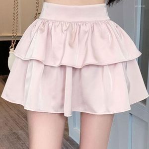 Faldas de Color sólido dulce Mini Falda corta femenina coreana de cintura alta Patchwork mujer hinchada 2023 verano Sexy volantes escalonados