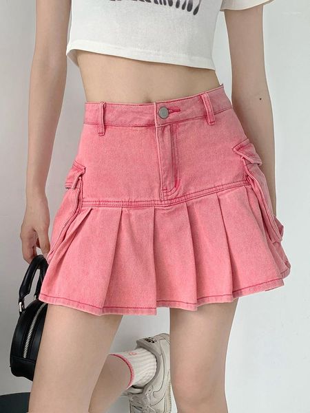Gonne Mini gonna a pieghe in denim rosa piccante dolce Donna a vita alta Design americano A-line Summer Fashion Casual Short
