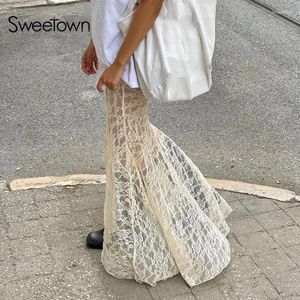 Rokken Sweetown Twee lagen kant trompet zeemeermin lang voor dames Vintage elegante mode hoge taille rok vakantie-outfits