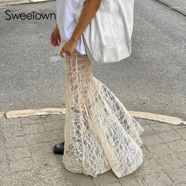 Jupes Sweetown deux couches dentelle trompette sirène longue pour les femmes Vintage élégant mode taille haute jupe tenues de vacances