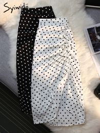 Rokken Syiwidii ​​Shirring Side Slit Damesraden Polka Dot Print Wit High Taille Back Elastische band Elegante dames Midi Lange rok 230422