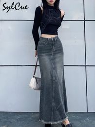 Jupes Sylcue Retro Classic AllMatch Vitality Casual Outing Tight Sexy White Irregular Women's Long Denim Jupe Girl Cool 230720