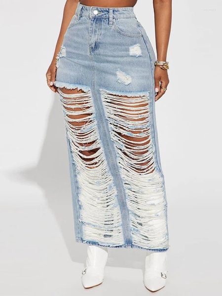 Jupes Szkzk Glands Riped Hollow Out Split Denim Maxi Longue Jupe Avec Poches Femmes Sexy Night Clubwear Party Lavé