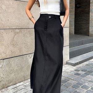 Jupes Taruxy noir femmes automne Streetwear taille haute crayon longue robe Femme décontracté fendu Vintage soie 2023 l230403