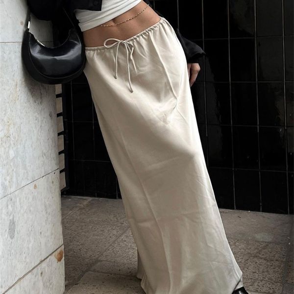 Jupes TARUXY Satin ample à lacets jupe noire longue pour femmes décontracté taille haute femme jupes solide élégant rue Falda Midi Mujer 230822