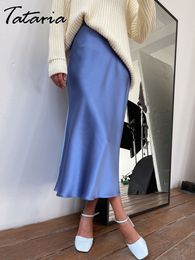 Faldas Tataria Seda Satén para Mujer Cintura Alta 2023 Línea A Elegante Verano Rosa Midi Estilo Coreano 230316