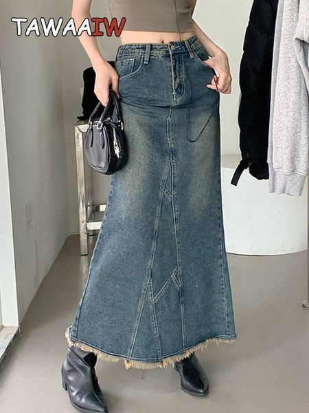 Faldas Tawaaiw American Retro Trompeta Sirena Denim Mujeres Y2K Vintage Cintura Alta Slim Steampunk Vendaje Jeans Maxi Coreano 230321