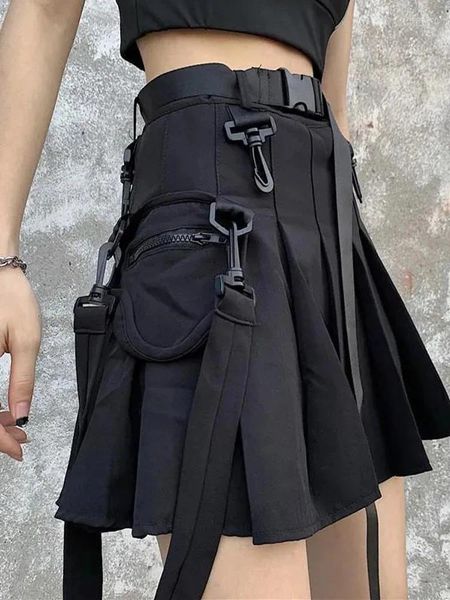 Jupes Techwear Black Cargo Femmes Harajuku Gothique Grunge Taille Haute Mini Jupe Plissée Femme Cyber Punk Egirl Uniforme