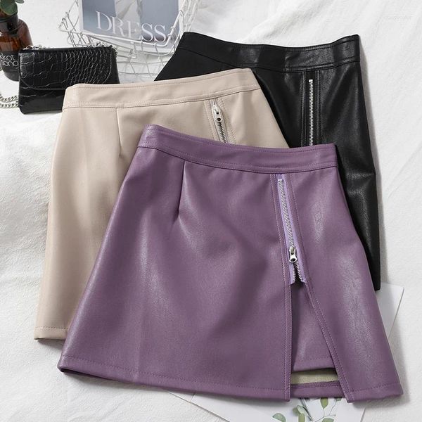 Faldas temperamentos All-Match Split Splitper Fashion Irregular Falda Versión coreana femenina de puro color Bag Hip PU Leather