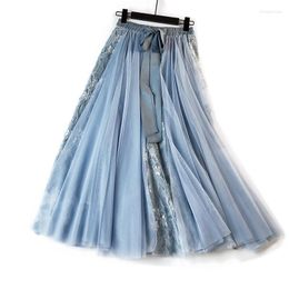 Rokken temperament tutu rok vrouwen elastische taille boog vleugel snijveren mesh kant lange gaas baljurk