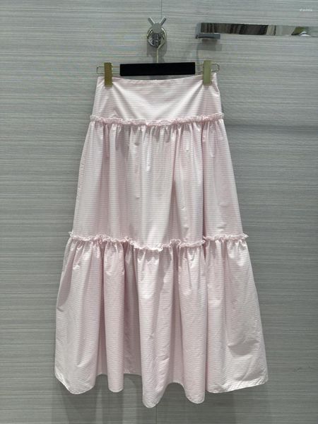 Jupes Le tempérament de la demi-jupe longue de la fille Pengpeng classique assorti tissu de coton rayé rose léger et respirant