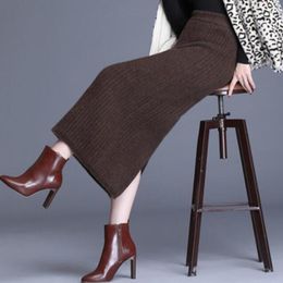 Jupes épaisses tricotées élastiques, taille haute, mode coréenne, jupe pour femmes, imitation laine de vison, moulante, mi-mollet, longue pour femmes