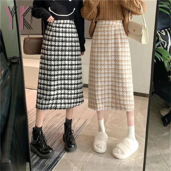 Jupes épaissir laine mélangée pied de poule Plaid femmes droite automne hiver élégant décontracté Midi minceur Vintage chaud Saia