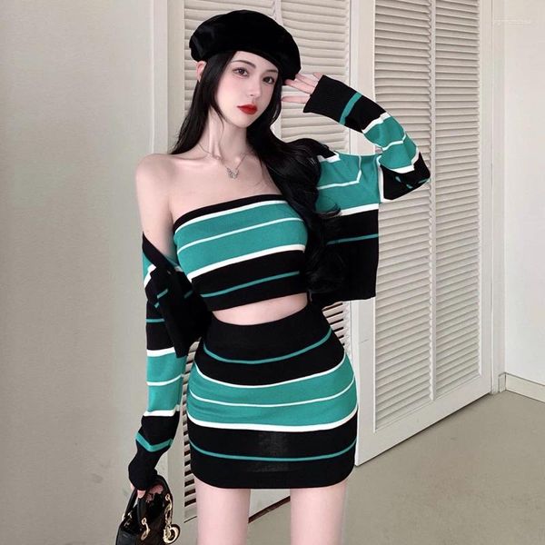 Faldas conjunto de tres piezas Vintage mujer moda elegante Harajuku ropa de cintura alta coreano dulce estilo Lolita vacaciones a rayas Ins