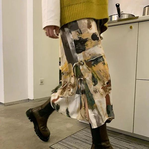Jupes cravate dye peinture à l'huile femme harajuku hétérolité midi y2k rétro streetwear haut de taille bandage de conception jupe