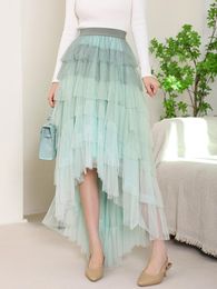 Jupes Tigena 98cm Maxi Tulle Femmes 2023 Design de mode coréenne Ourlet irrégulier dégradé taille haute maille jupe longue femme