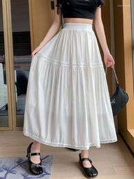 Faldas TIGENA Casual sólido falda larga para mujer 2023 verano coreano elegante encaje Patchwork A Line alta cintura plisada Midi Mujer