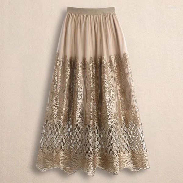 Jupes tigena crochet en dentelle tulle midi long jupe pour femmes vintage élégante creux d'une ligne haute taille femelle mi-longueur