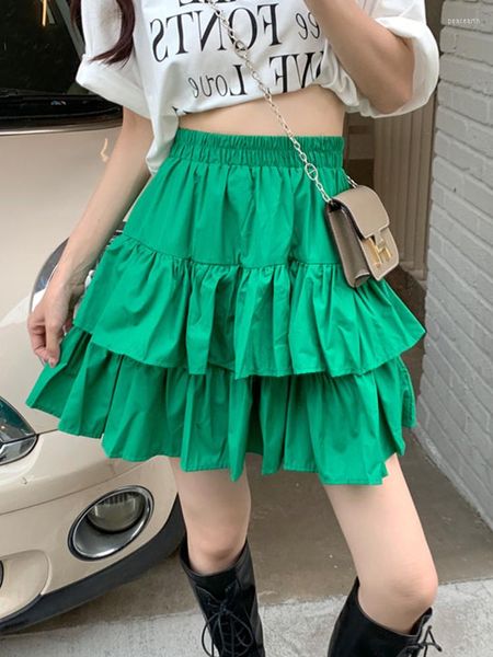 Faldas TIGENA Cute Girls Mini falda para mujeres 2023 verano coreano sólido Casual baile A línea alta cintura escalonada mujer verde