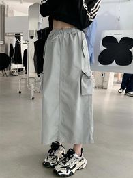 Jupes Tigena Cordon Élastique Taille Haute Jupe Midi Pour Femmes 2024 Vintage Cargo Poches Fente Arrière Droite Longue Femme