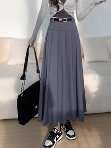 Jupes TIGENA élégante jupe longue femmes 2023 printemps coréen décontracté tout match solide une ligne taille haute plissée Midi femme gris