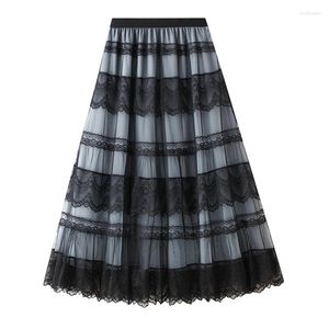 Jupes Tigena élégant Maxi Patchwork dentelle Tulle jupe pour femmes Vintage une ligne taille haute longue à plusieurs niveaux Tutu maille femme dames