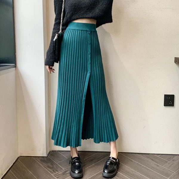 Jupes Tigena élégant mince tricoté jupe longue femmes 2023 automne hiver simple boutonnage côté fente hanche enveloppement taille haute midi femme