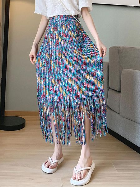 Faldas Tigena Fashion Tassel Plisado Falda larga para mujeres 2023 Primavera Verano Casual Estampado floral Floral Midi Midi Femenina