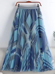 Jupes Tigena à la mode géométrique imprimé maille jupe longue femmes 2024 printemps été esthétique une ligne taille haute plissée femme