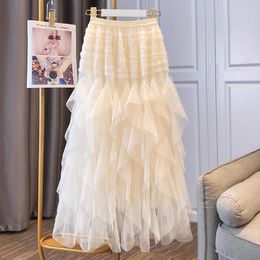 Faldas TIGENA High Street Maxi falda de tul para mujer 2023 estética elegante malla escalonada sólida una línea cintura larga femenina