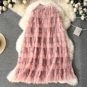 Rokken TIGENA Koreaanse Zoete Roze Maxi Tiered Tutu Tule Rok Voor Vrouwen Herfst Winter Elegant Een Lijn Hoge Taille Mesh lange Vrouwelijke