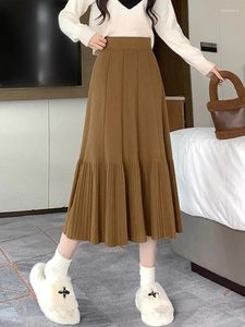 Faldas TIGENA Midi Falda larga de punto para mujer 2023 Otoño Invierno coreano Casual sólido una línea de cintura alta plisada de longitud media femenina